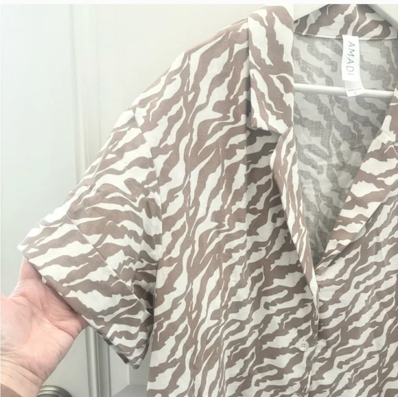 Anthropologie Amadi Zebra Stripe Safari Mini Shirt Dress Brown/White Med - Picture 10 of 16